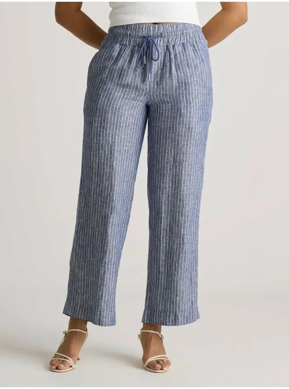 Quince Pants Womens Small Blue Chambray Stripe Wide Leg Linen Relaxed Travel